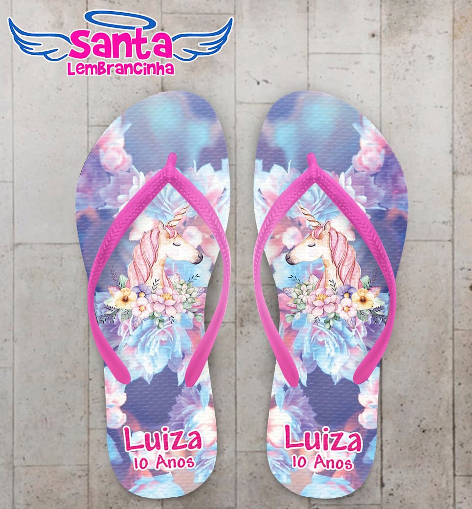 Chinelo Infantil Unicórnio Floral Glitter Personalizado COD 9576