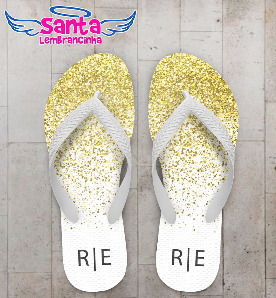 Chinelo Casamento Glitter Dourado Monograma Personalizado COD 7869