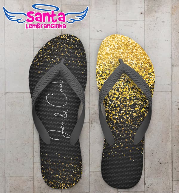 Chinelo Casamento Glitter Dourado Preto Nomes Personalizado COD 7870
