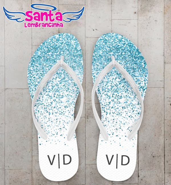 Chinelo casamento glitter azul monograma personalizado cod 7865