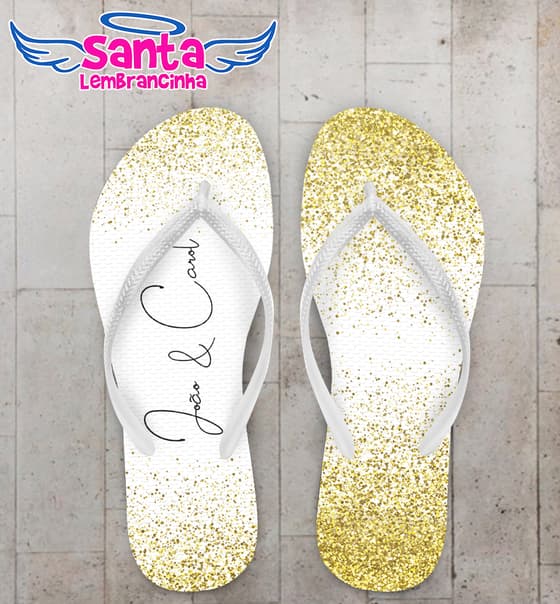 Chinelo Casamento Glitter Dourado Branco Nomes Personalizado COD 7868