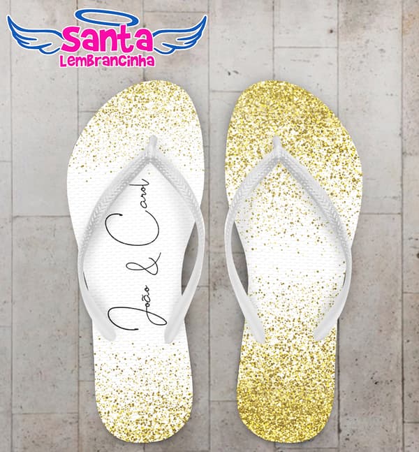Chinelo Casamento Glitter Dourado Branco Nomes Personalizado COD 7868