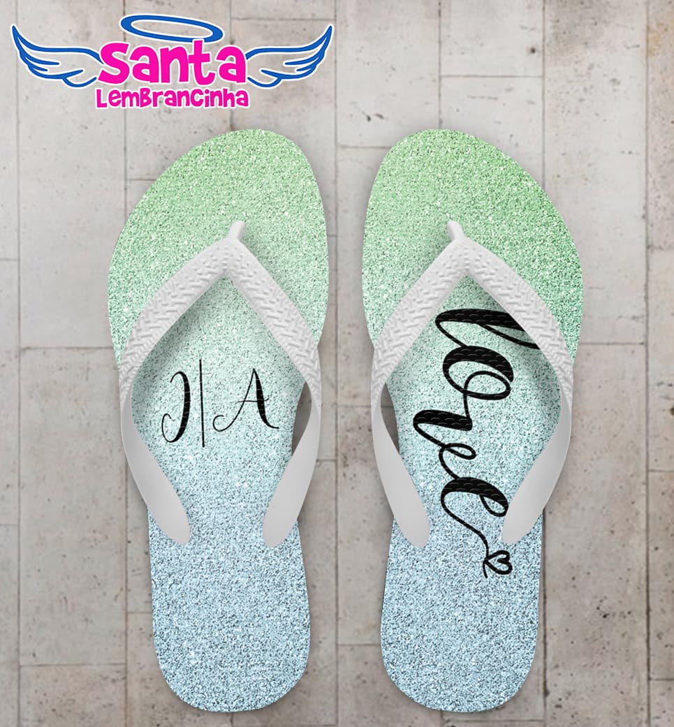 Chinelo Casamento Glitter Azul Verde Love Personalizado COD 7866