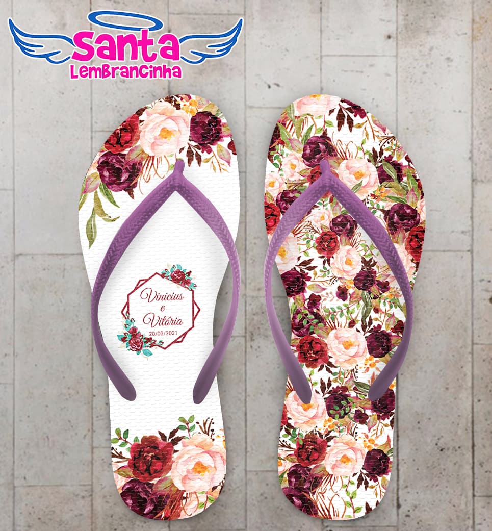 Chinelo Casamento Floral Tom de Vinho Personalizado COD 8026