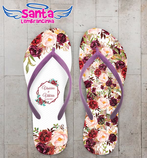 Chinelo Casamento Floral Tom de Vinho Personalizado COD 8026