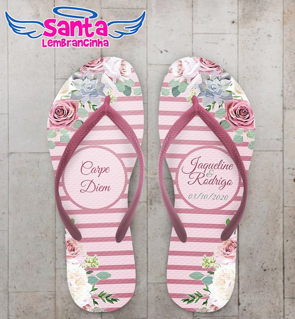 Chinelo Casamento Listrado Rosa Personalizado COD 7982