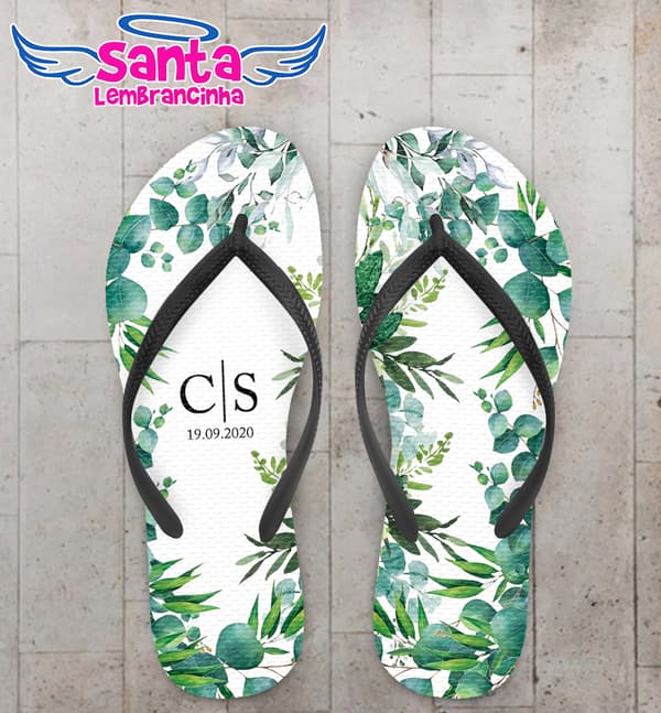 Chinelo Casamento Folhas Verdes Personalizado COD 7977