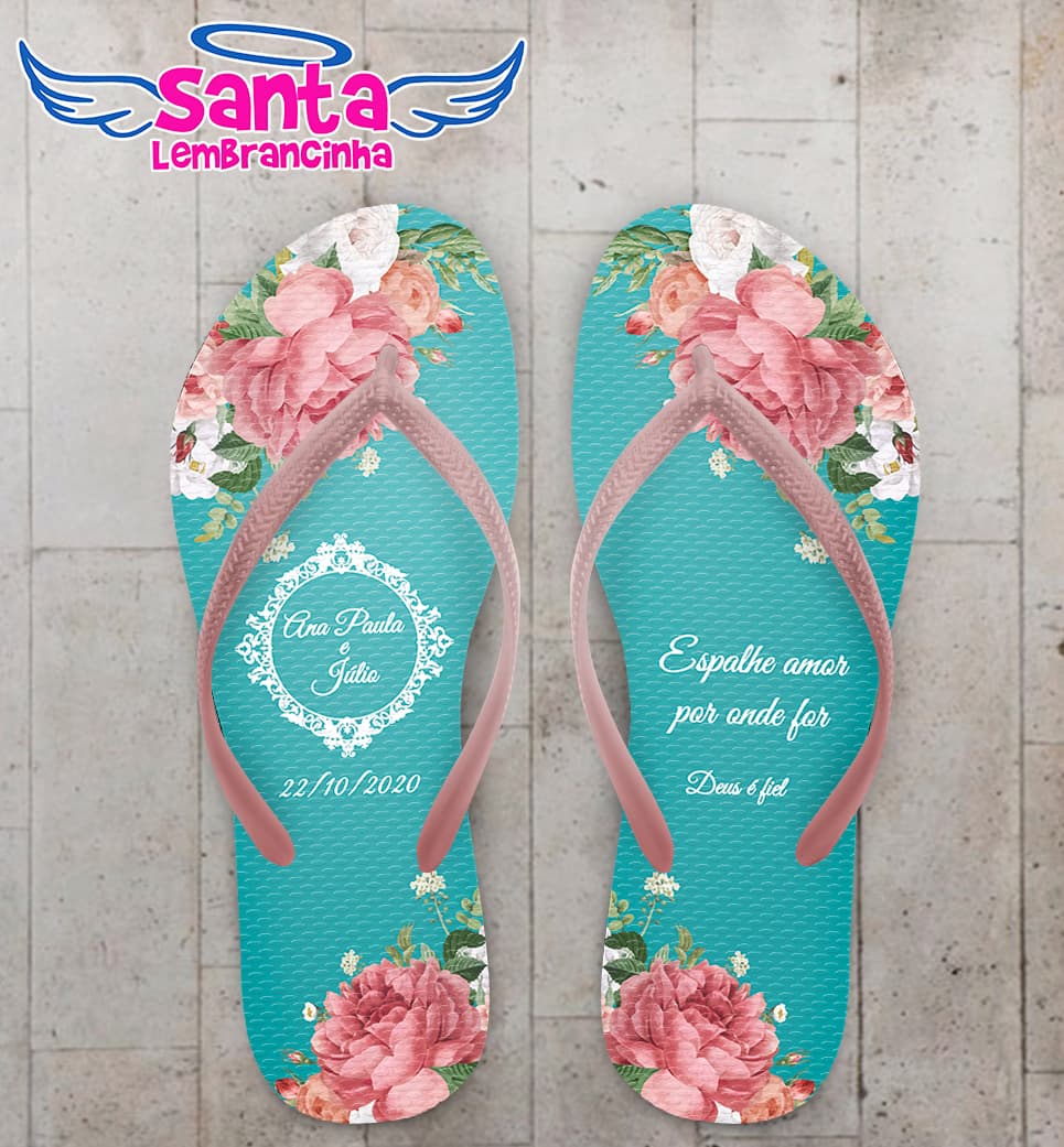 Chinelo Casamento Floral Fundo Tiffany Personalizado COD 7995