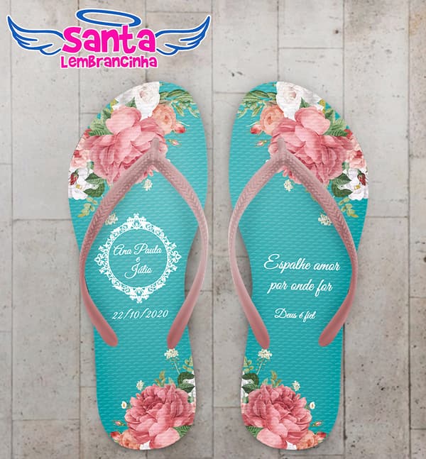 Chinelo Casamento Floral Fundo Tiffany Personalizado COD 7995