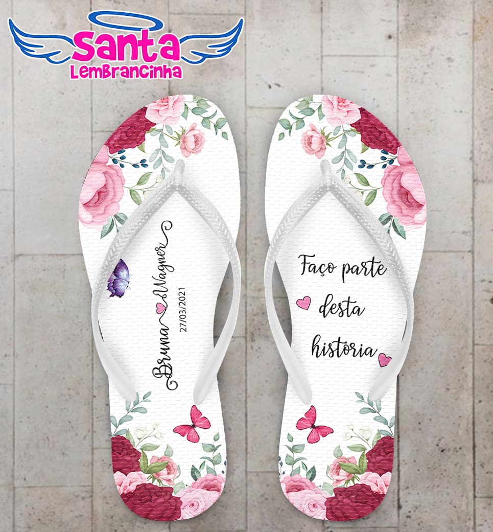 Chinelo Casamento Flores e Borboletas Personalizado COD 8202