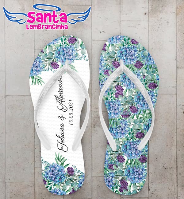Chinelo Casamento Floral Azul e Roxo Personalizado COD 8219
