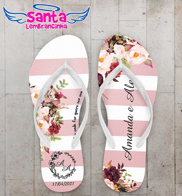 Chinelo Casamento Listras e Flores Personalizado COD 8214