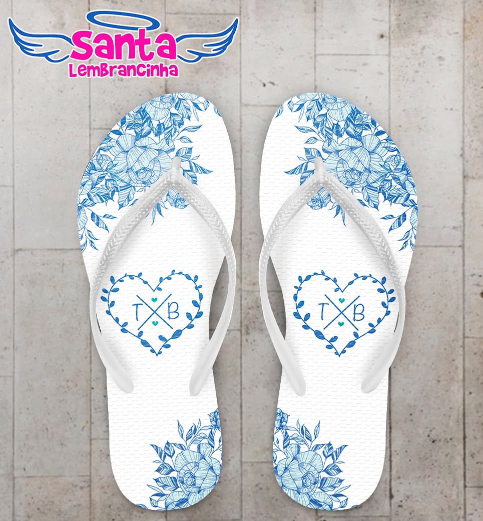 Chinelo Casamento Floral Azul com Coração Personalizado COD 8189