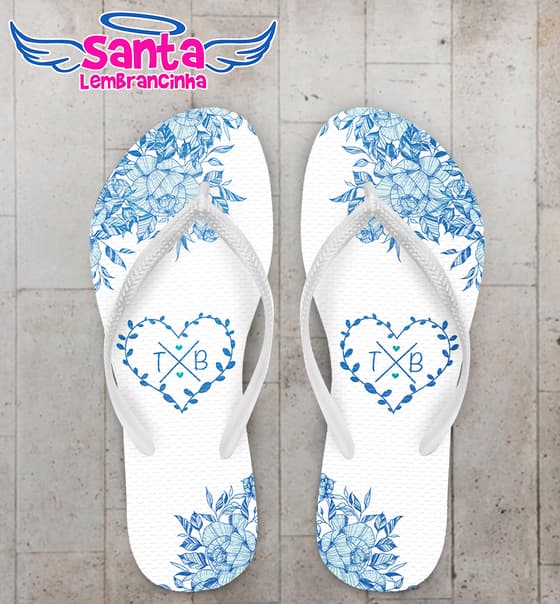 Chinelo Casamento Floral Azul com Coração Personalizado COD 8189