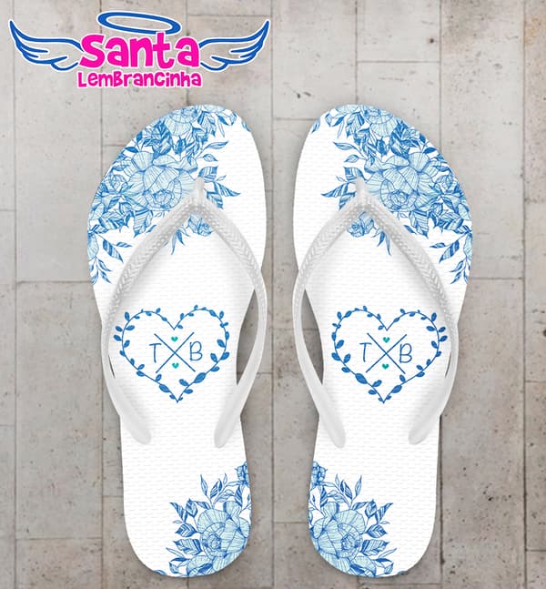 Chinelo Casamento Floral Azul com Coração Personalizado COD 8189