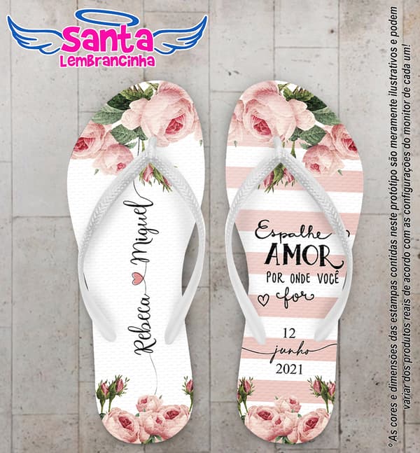 Chinelo Casamento Listras e Floral Personalizado COD 10239