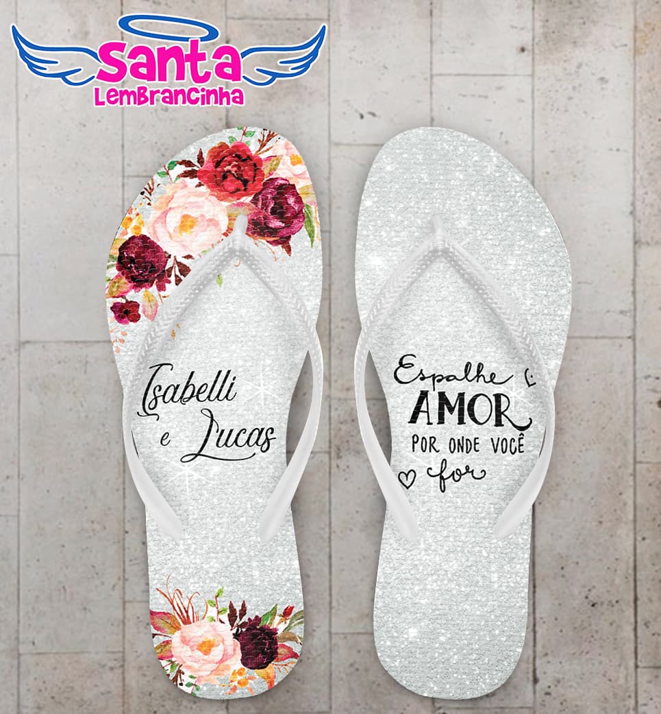 Chinelo Casamento Floral Marsala Glitter Personalizado COD 10306