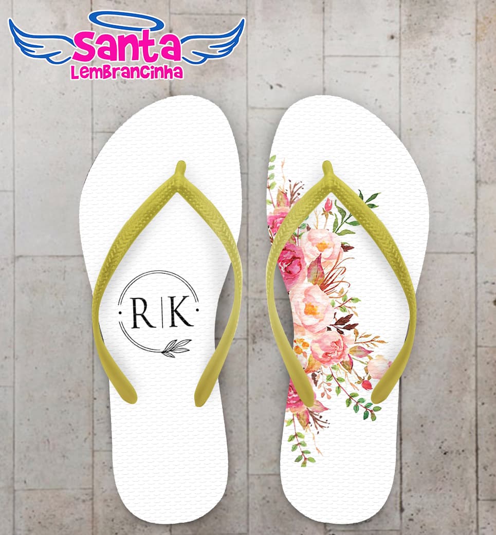Chinelo Casamento Floral Rosa e Monograma Personalizado COD 10556