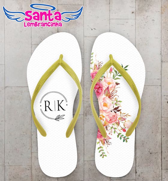 Chinelo Casamento Floral Rosa e Monograma Personalizado COD 10556