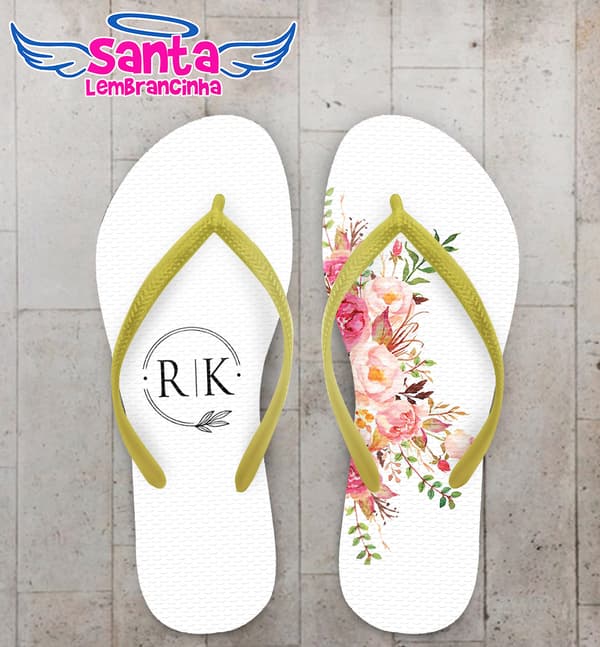 Chinelo Casamento Floral Rosa e Monograma Personalizado COD 10556