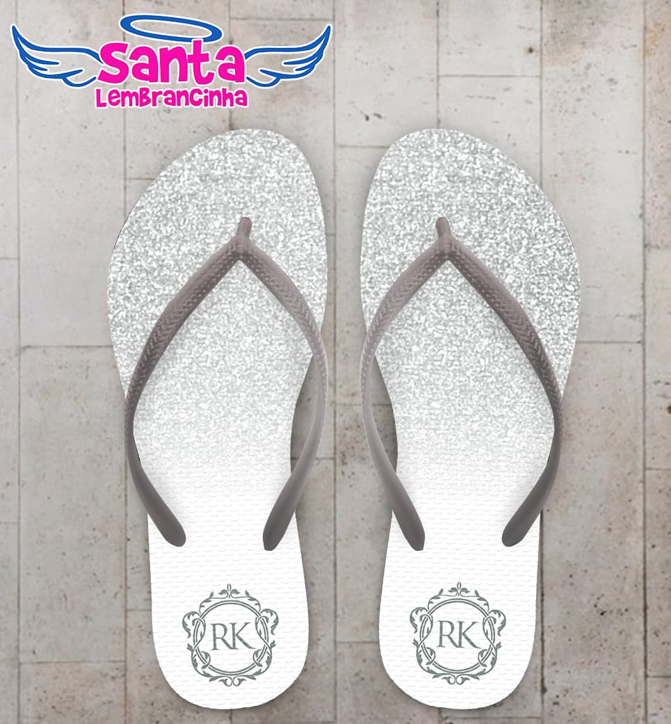 Chinelo Casamento Glitter Cinza Monograma Personalizado COD 10304