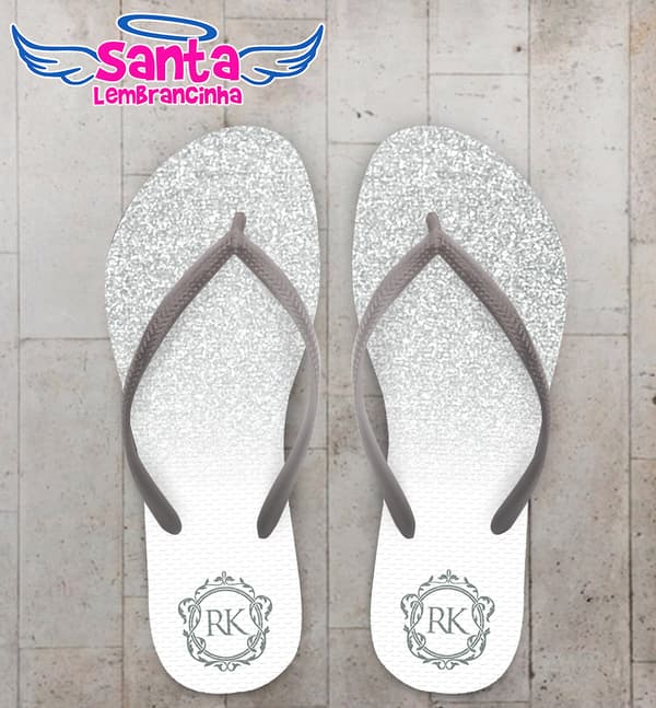 Chinelo Casamento Glitter Cinza Monograma Personalizado COD 10304