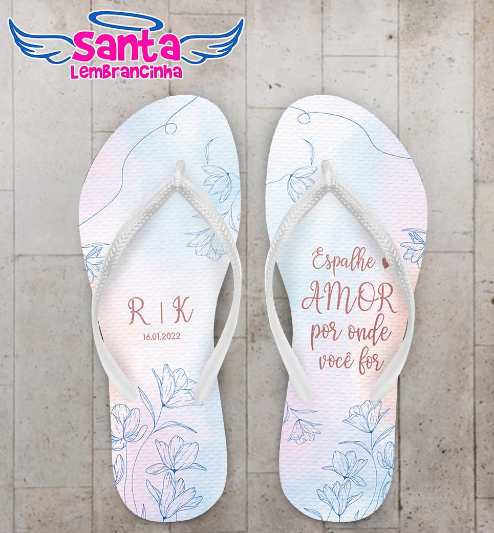 Chinelo Casamento Iniciais Floral Aquarela Personalizado COD 10292