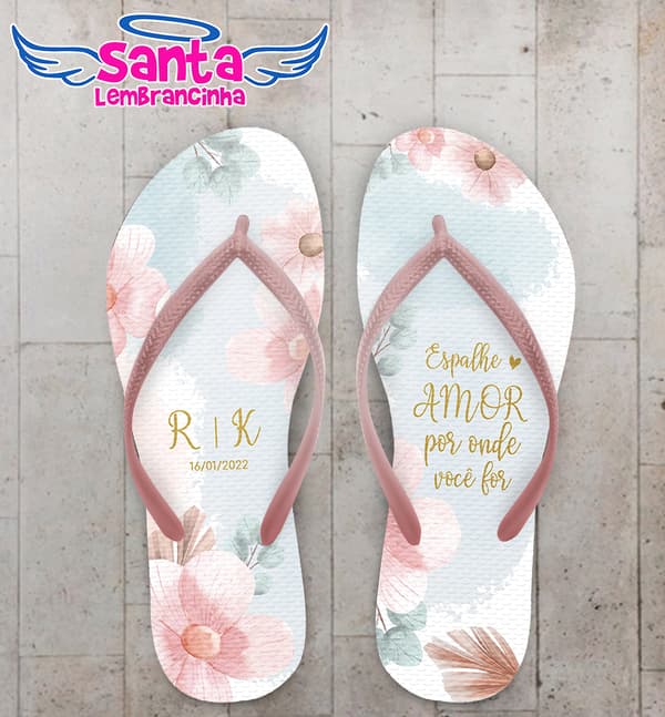 Chinelo Casamento Iniciais Floral Aquarela Personalizado COD 10291