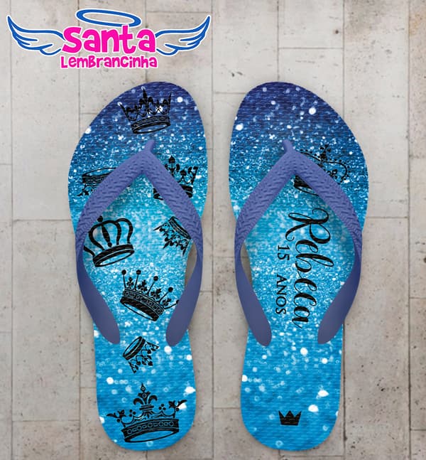Chinelo Debutante Coroa Glitter Azul Personalizado COD 10187
