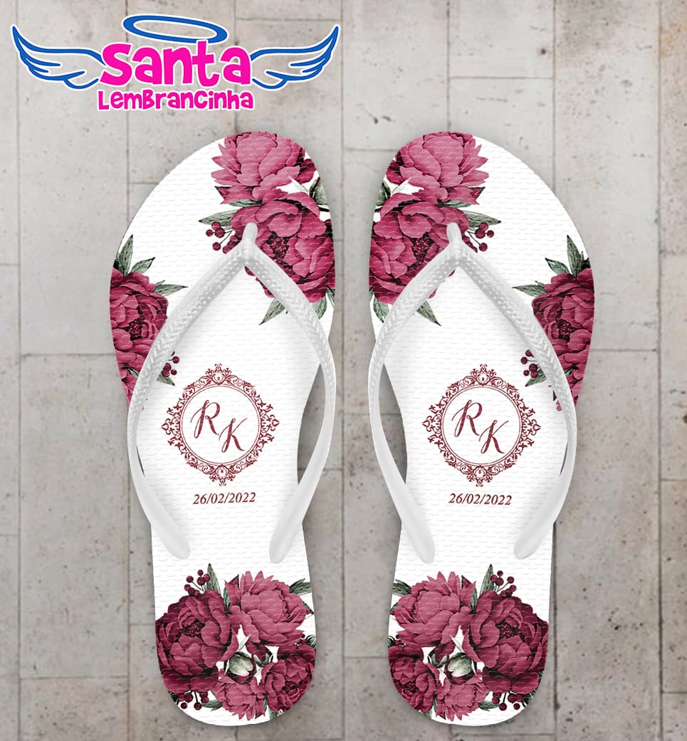 Chinelo Casamento Floral Iniciais Personalizado COD 10777