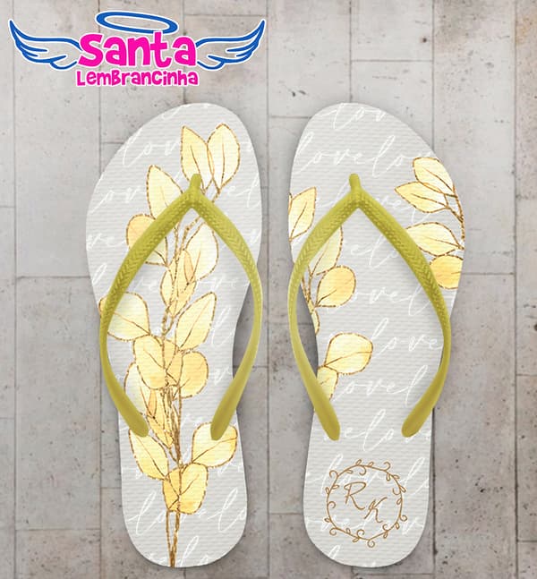 Chinelo Casamento Folhas Eucalipto Dourado Personalizado COD 12412