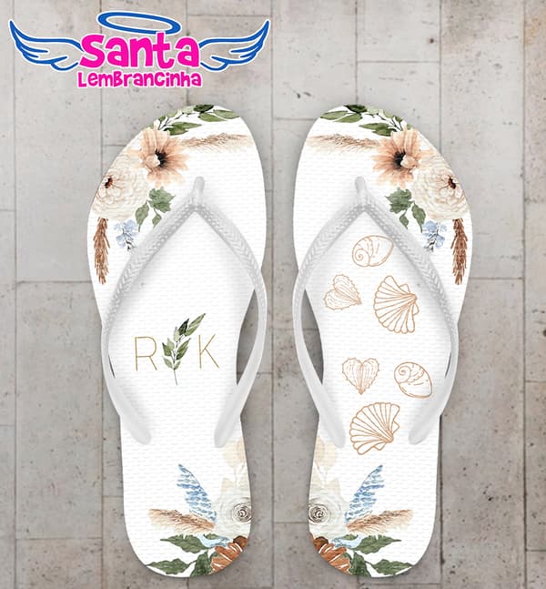 Chinelo Casamento Folhas e Conchas Personalizado COD 12342