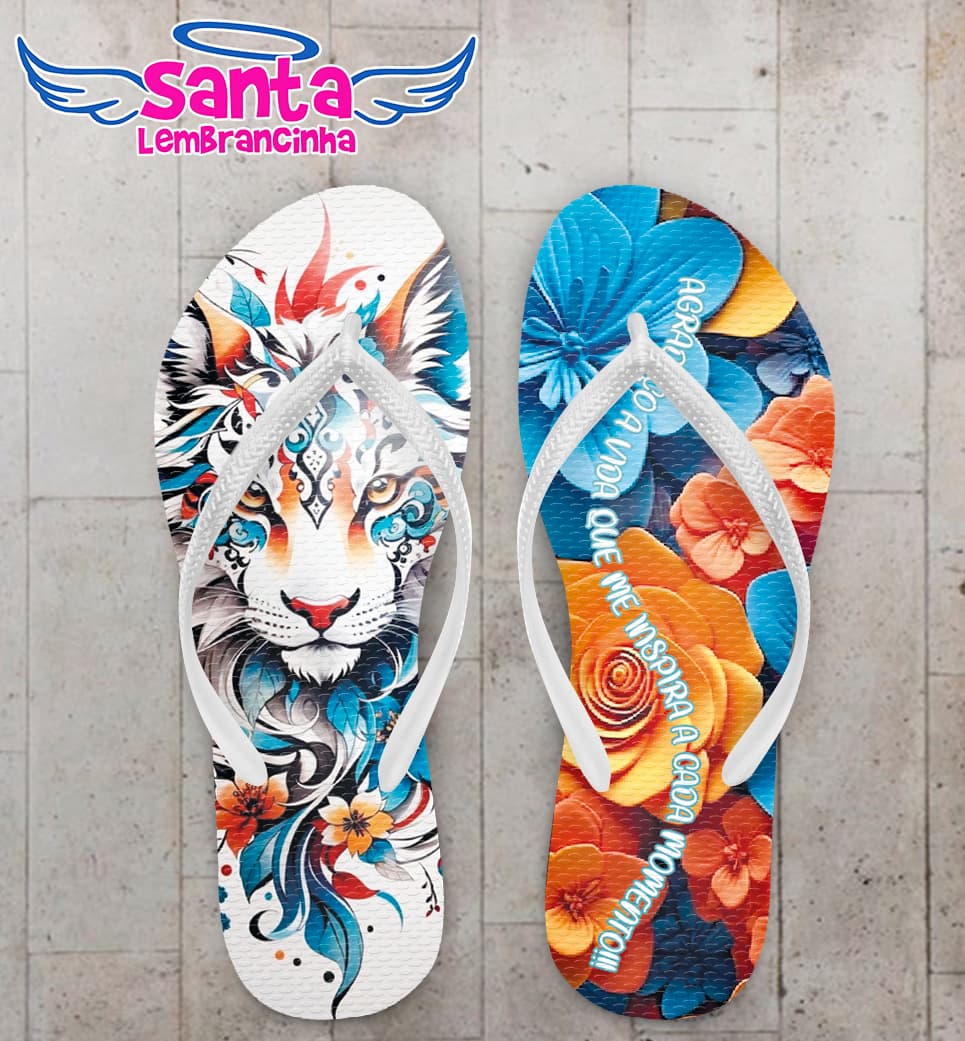 Chinelo Felino Floral e Frase Personalizado COD 12550