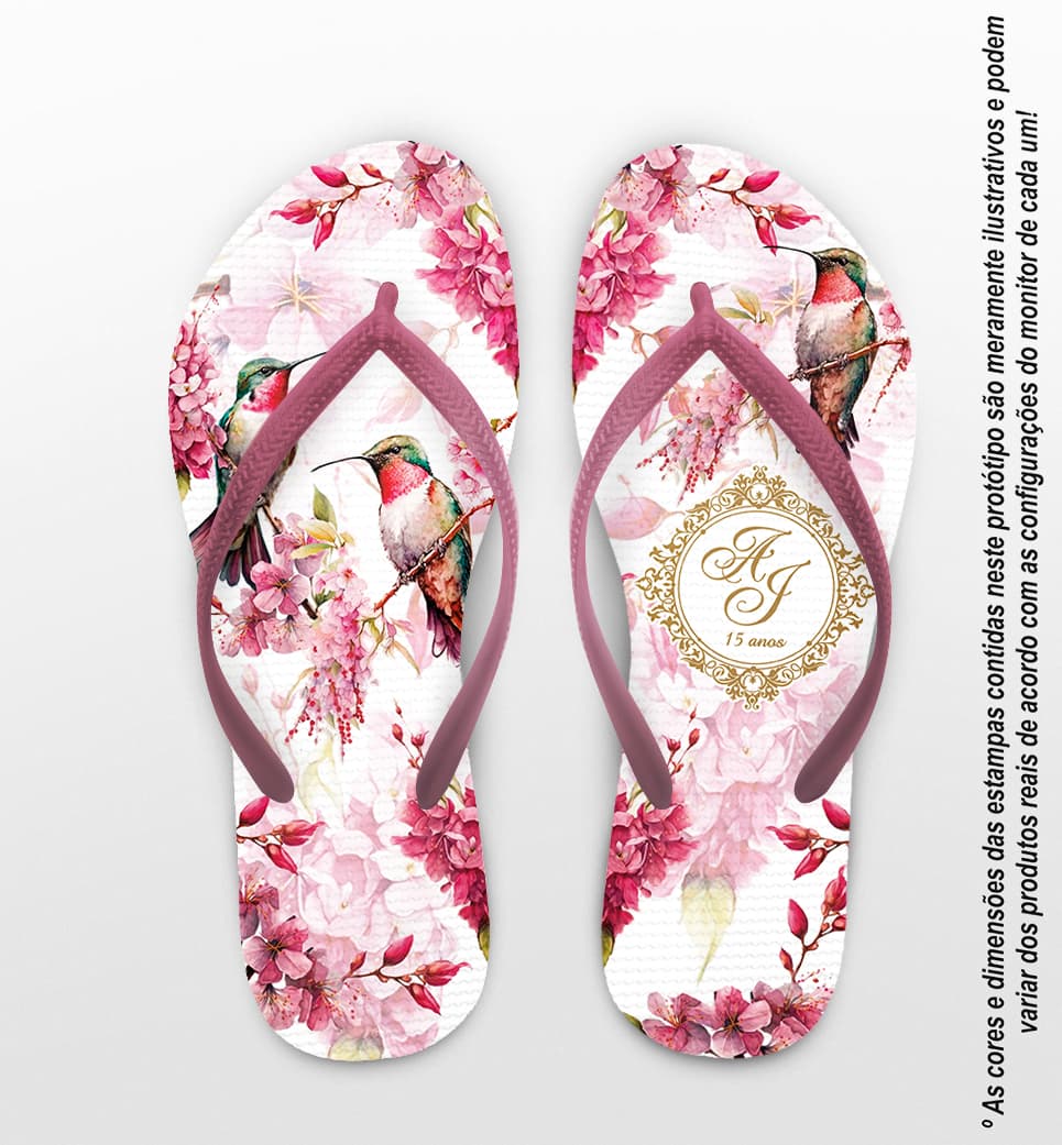 Chinelo Casamento Flores e Beija-Flor Personalizado COD 12738