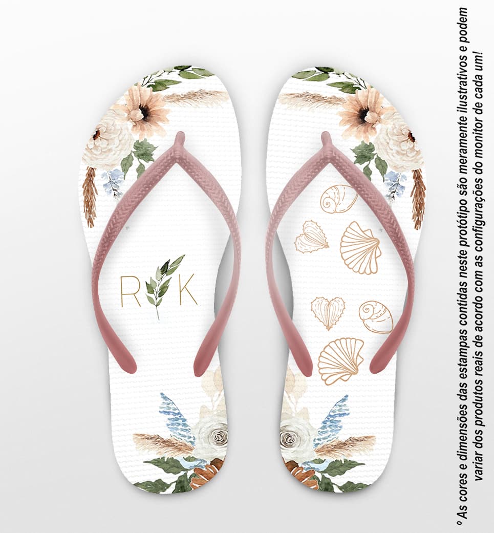 Chinelo Casamento Folhas e Conchas Personalizado COD 12342