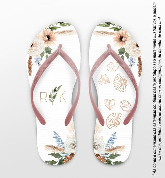 Chinelo Casamento Folhas e Conchas Personalizado COD 12342