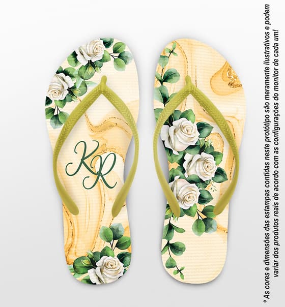 Chinelo Casamento Folhas Eucalipto e Flores Personalizado COD 12443