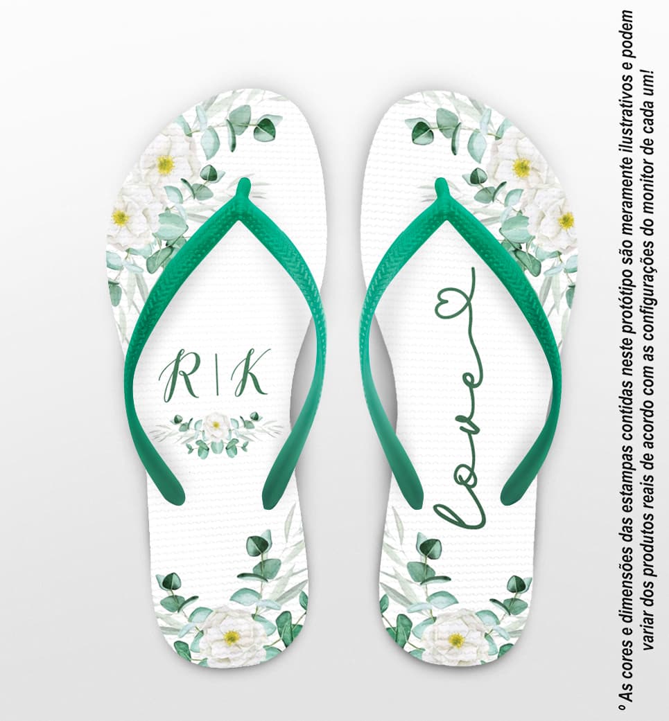 Chinelo Casamento Folhas Eucalipto e Flores Personalizado COD 12448