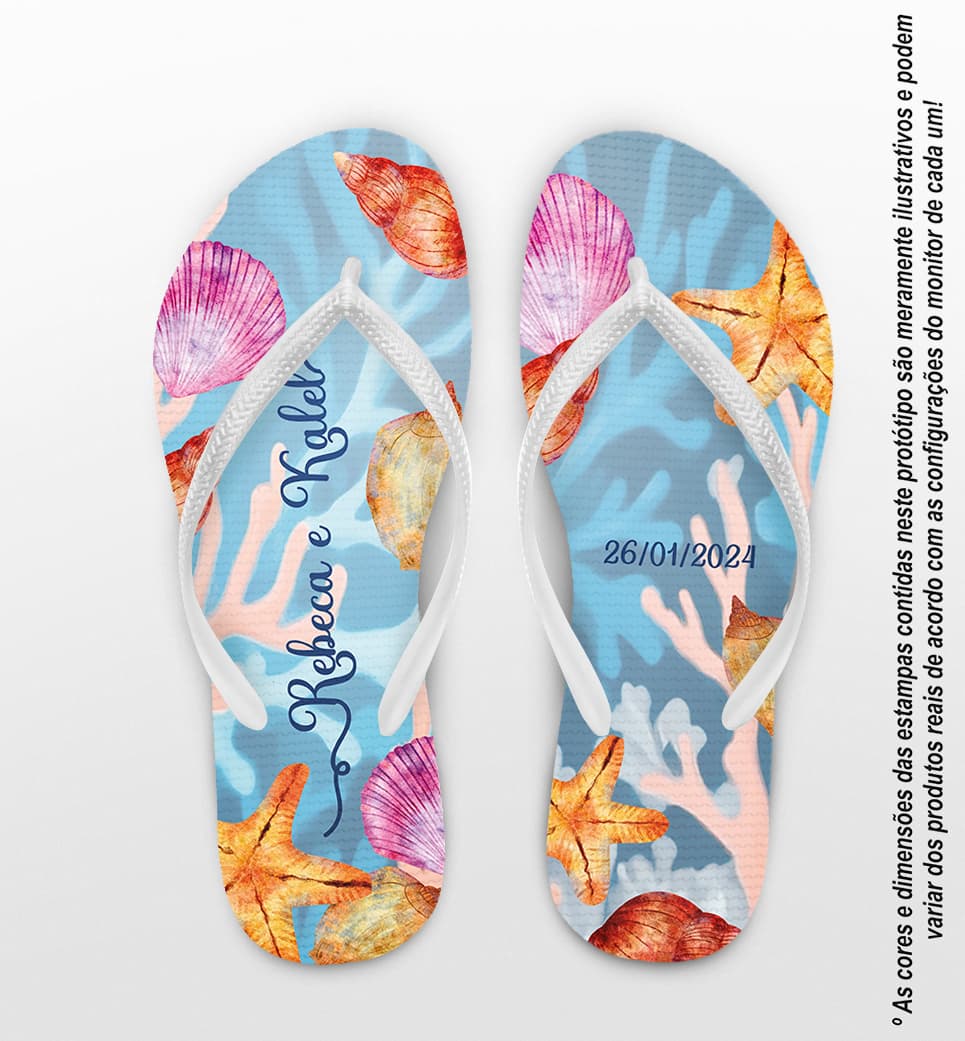Chinelo Casamento Praia Conchas e Corais Personalizado COD 12660