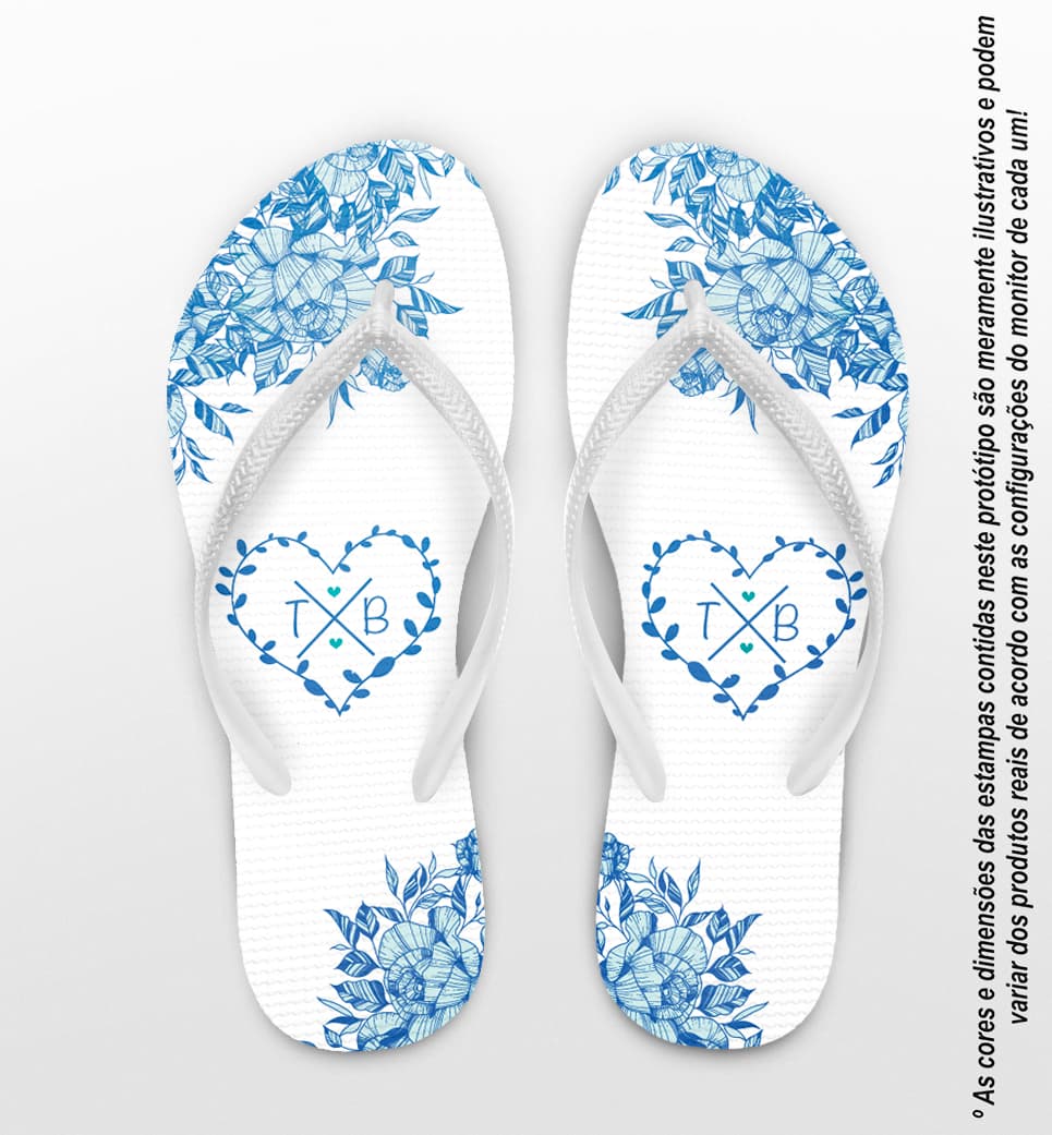 Chinelo Casamento Floral Azul com Coração Personalizado COD 8189