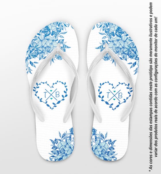 Chinelo Casamento Floral Azul com Coração Personalizado COD 8189