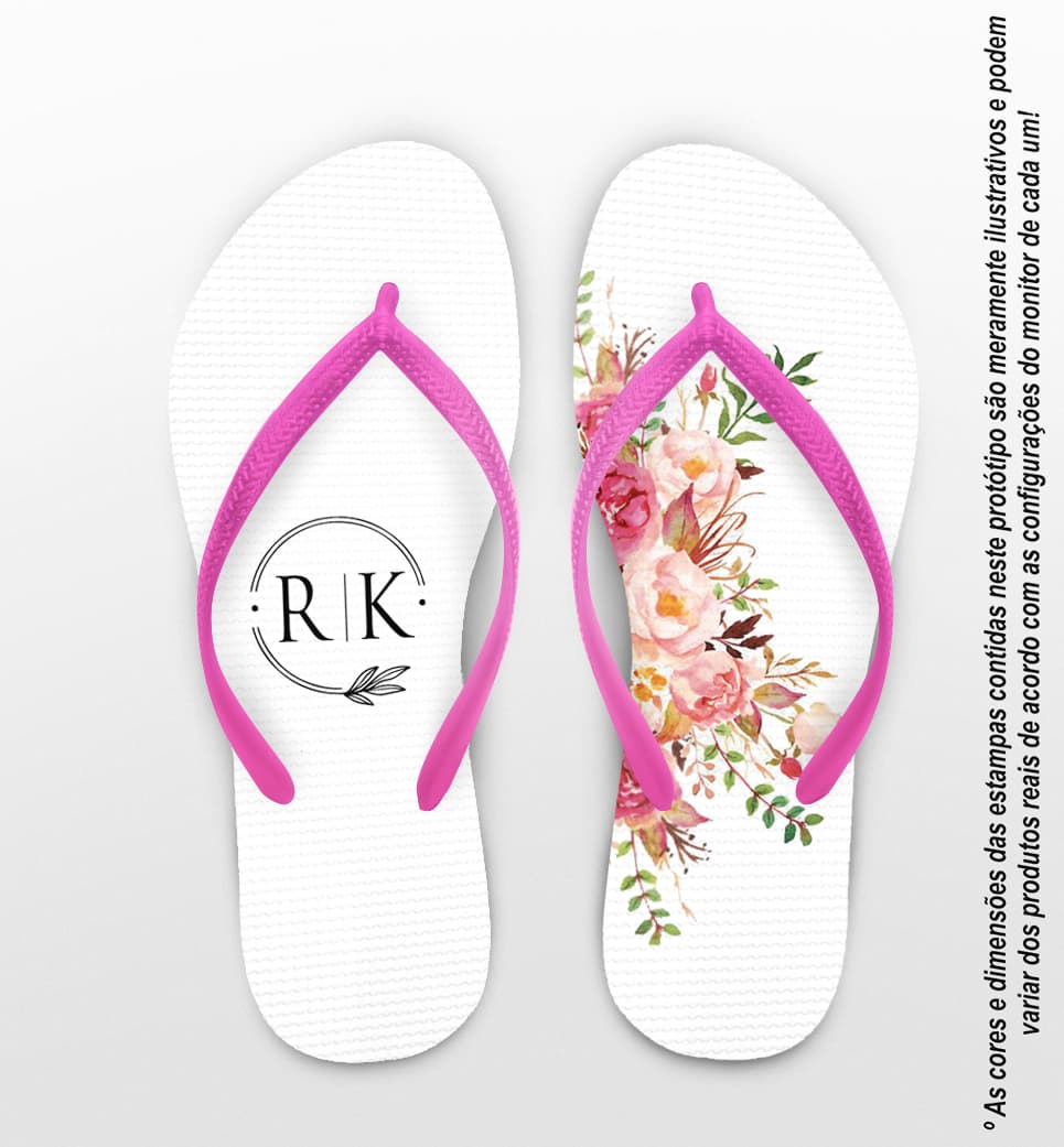 Chinelo Casamento Floral Rosa e Monograma Personalizado COD 10556