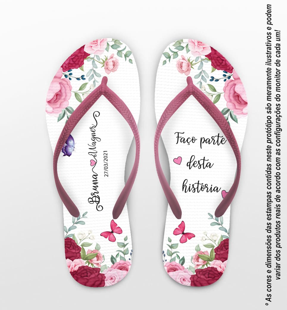 Chinelo Casamento Flores e Borboletas Personalizado COD 8202
