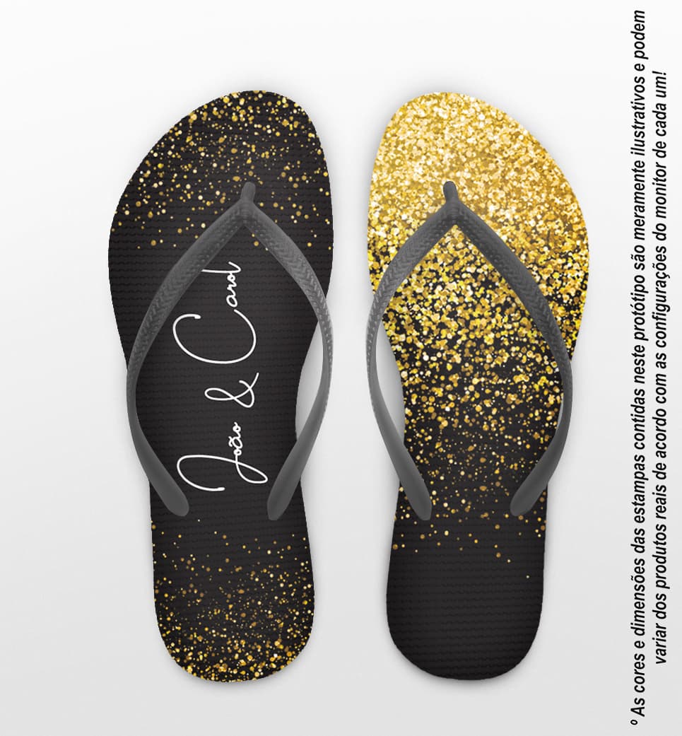 Chinelo Casamento Glitter Dourado Preto Nomes Personalizado COD 7870