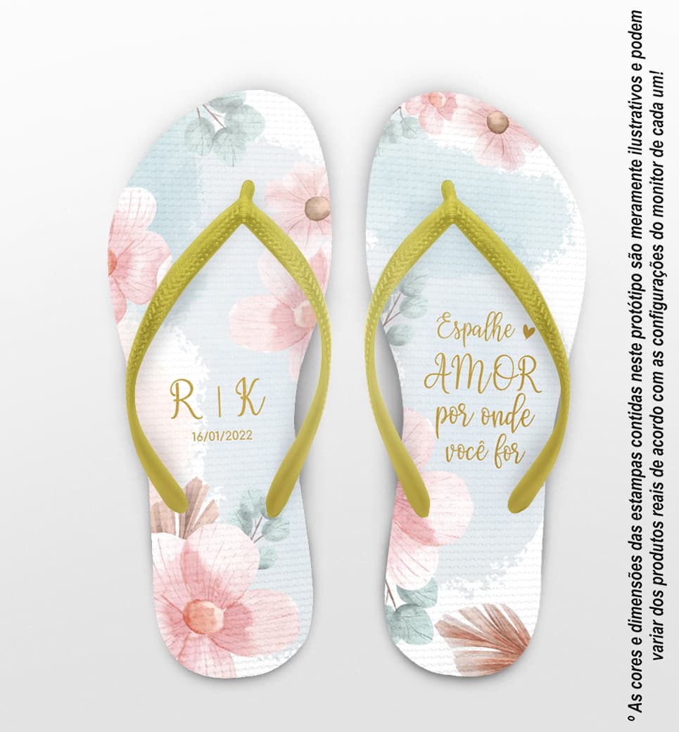 Chinelo Casamento Iniciais Floral Aquarela Personalizado COD 10291