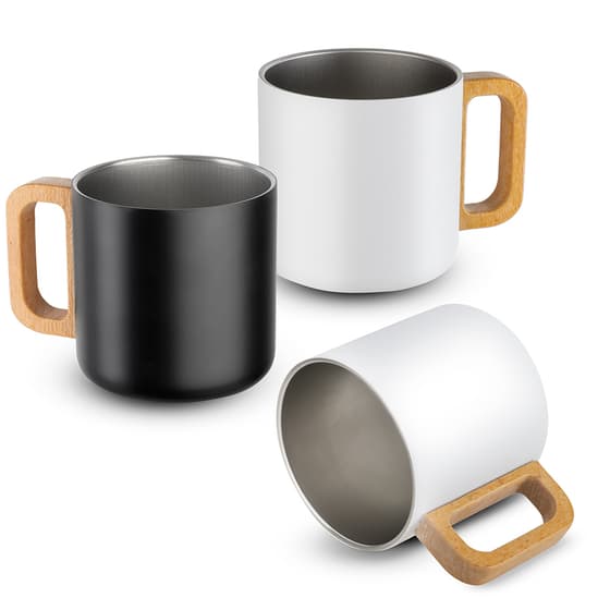 Caneca térmica com alça em madeira